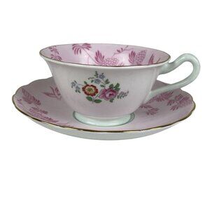 Grosvenor Pink Floral Light Blue Handle Gold Trim Tea Cup and Saucer England